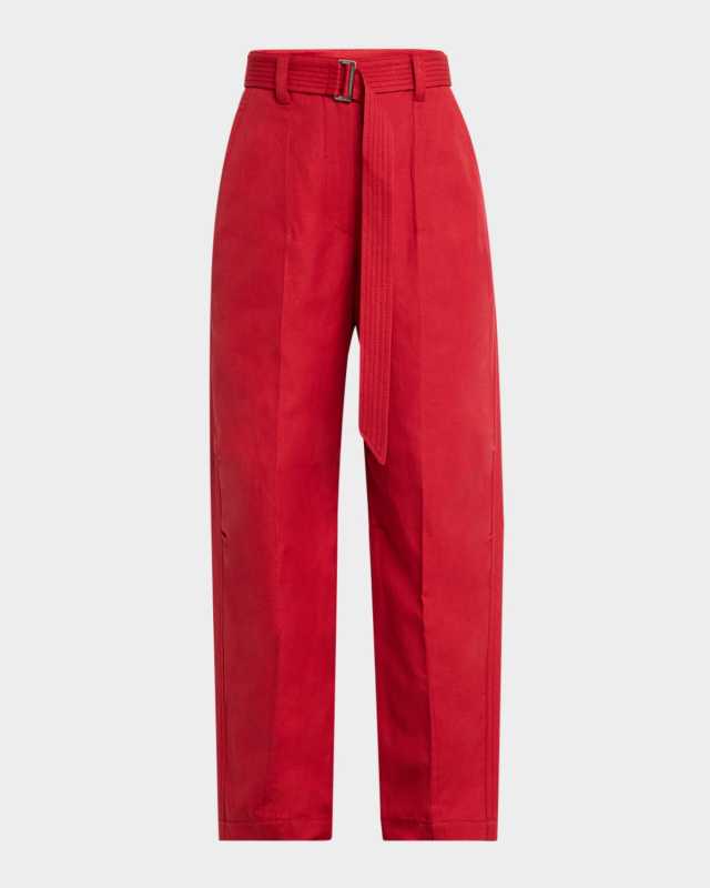 Pleated Straight-Leg Ankle Chino Pants With Belt